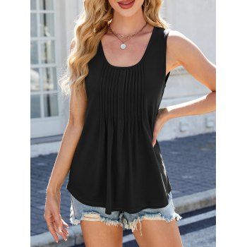 Solid Color Ruched Tank Top Round Neck Curved Hem Long Casual Tank Top
