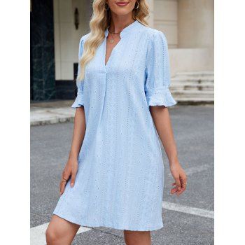 Plain Color Geometric Textured Hollow Out Dress Stand Collar V Notched Bell Sleeves A Line Mini Dress