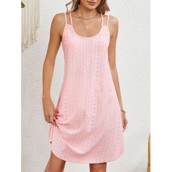 Plain Color Eyelet Hollow Out Dual Strap Round Neck Curved Hem A Line Mini Dress