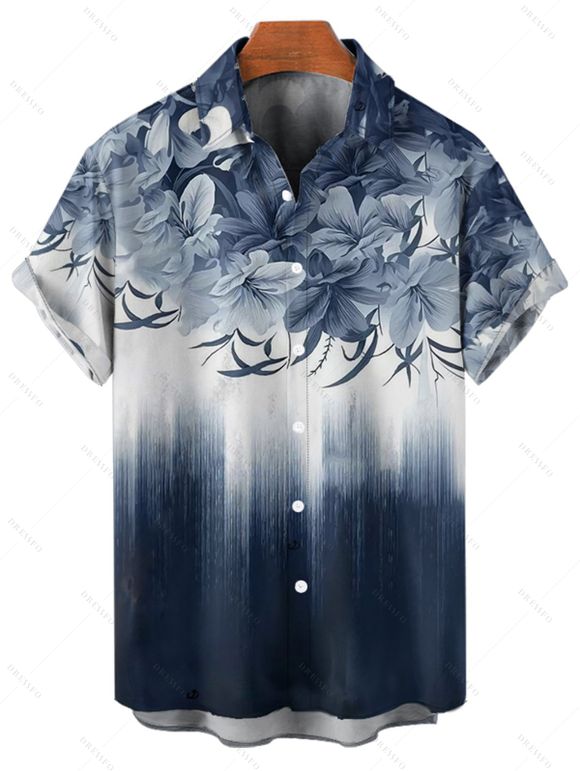 Chemise de Vacances Décontractée Boutonnée Motif de Feuille Ombre à Manches Roulées - Bleu de Minuit XL