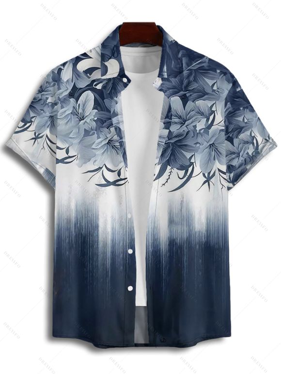 Chemise de Vacances Décontractée Boutonnée Motif de Feuille Ombre à Manches Roulées - Bleu de Minuit L