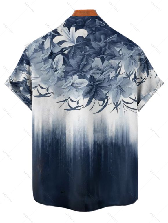 Chemise de Vacances Décontractée Boutonnée Motif de Feuille Ombre à Manches Roulées - Bleu de Minuit L