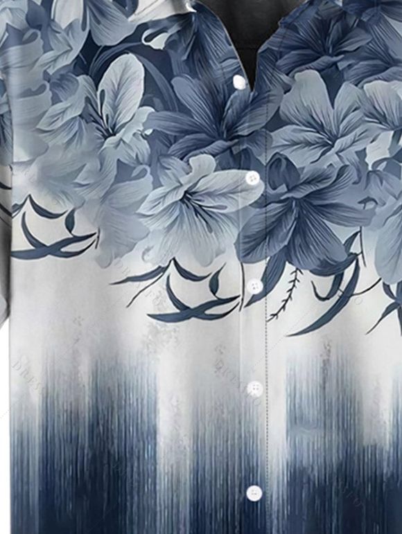 Chemise de Vacances Décontractée Boutonnée Motif de Feuille Ombre à Manches Roulées - Bleu de Minuit L