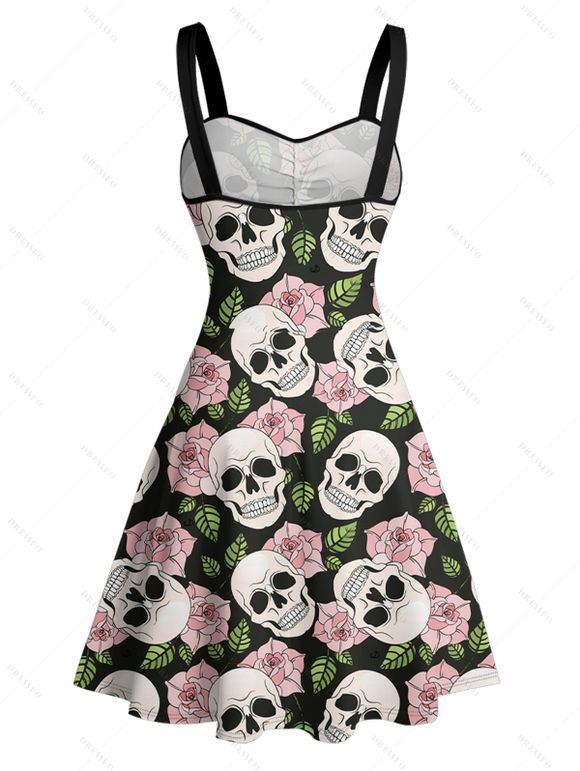 Robe de Bal Gothique Rose Motif de Crâne Partout à Volants - Noir L | US 8-10