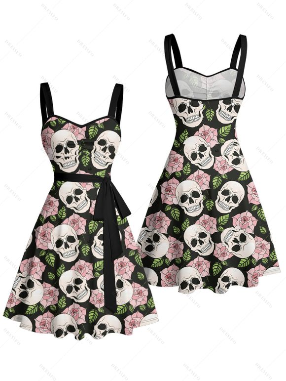 Robe de Bal Gothique Rose Motif de Crâne Partout à Volants - Noir L | US 8-10