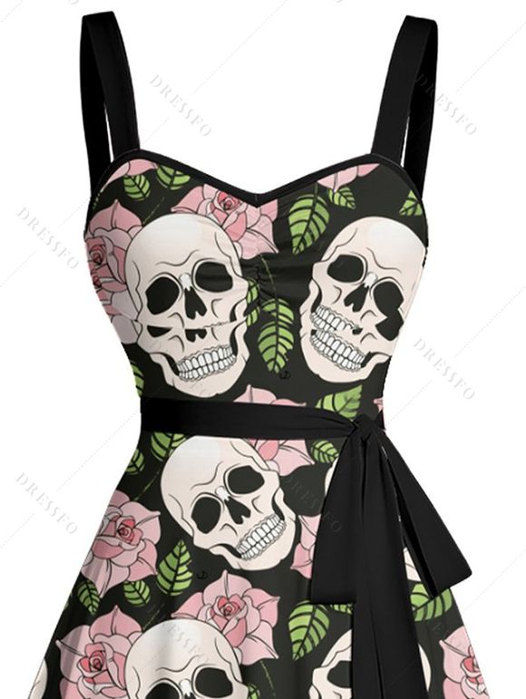 Robe de Bal Gothique Rose Motif de Crâne Partout à Volants - Noir L | US 8-10