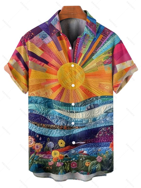 Chemise de Vacances Décontractée Fleurie Peinture à L'Huile Colorée Manches Roulées - multicolor 4XL