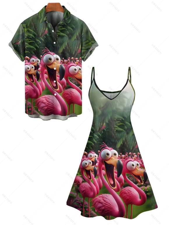 Vacation Couple Outfit Forest Cartoon Flamingo Pattern Spaghetti Strap A Line Mini Tank Dress and Roll Up Sleeve Shirt Matching Outfit - Vert S | US 4