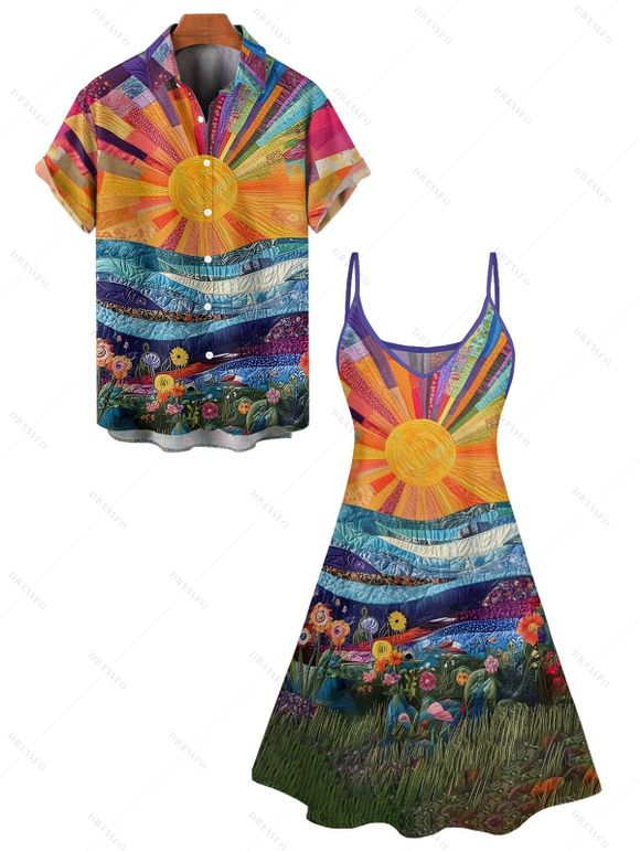 Vacation Couple Outfit Colorful Oil Painting Sun Floral Pattern Spaghetti Strap Tank Dress and Roll Up Sleeve Shirt Casual Matching Outfit - multicolor S | US 4