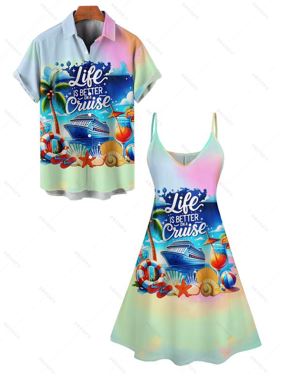 Vacation Couple Outfit Colored Ombre Coconut Tree Beach Landscape Pattern Spaghetti Strap A Line Mini Tank Dress and Roll Up Sleeve Shirt Beach Matching Outfit - multicolor S | US 4