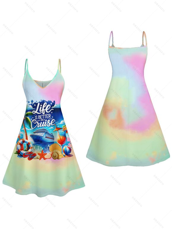 Vacation Couple Outfit Colored Ombre Coconut Tree Beach Landscape Pattern Spaghetti Strap A Line Mini Tank Dress and Roll Up Sleeve Shirt Beach Matching Outfit - multicolor S | US 4