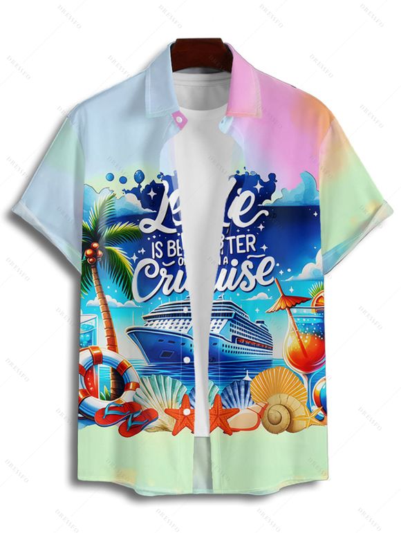 Vacation Couple Outfit Colored Ombre Coconut Tree Beach Landscape Pattern Spaghetti Strap A Line Mini Tank Dress and Roll Up Sleeve Shirt Beach Matching Outfit - multicolor S | US 4