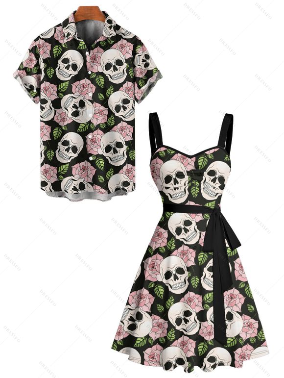 Vacation Couple Outfit Allover Skulls Rose Pattern Ruched Bust Belt A Line Dress and Roll Up Sleeve Shirt Gothic Matching Outfit - Noir S | US 4