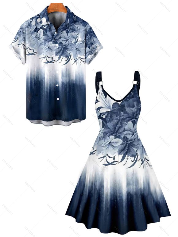 Vacation Couple Outfit Ombre Floral Leaf Pattern O Ring Strap A Line Mini Dress and Roll Up Sleeve Shirt Casual Matching Outfit - Bleu de Minuit S | US 4