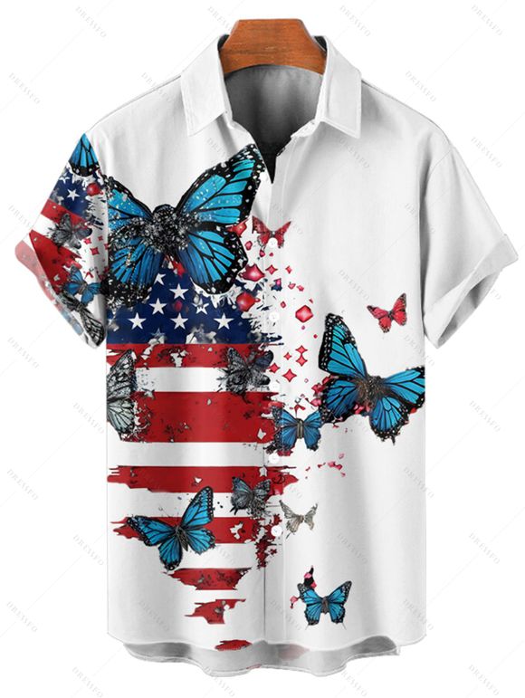 Chemise Boutonnée Drapeau Américain Imprimé avec Papillon à Manches Roulées pour Homme - Blanc 4XL