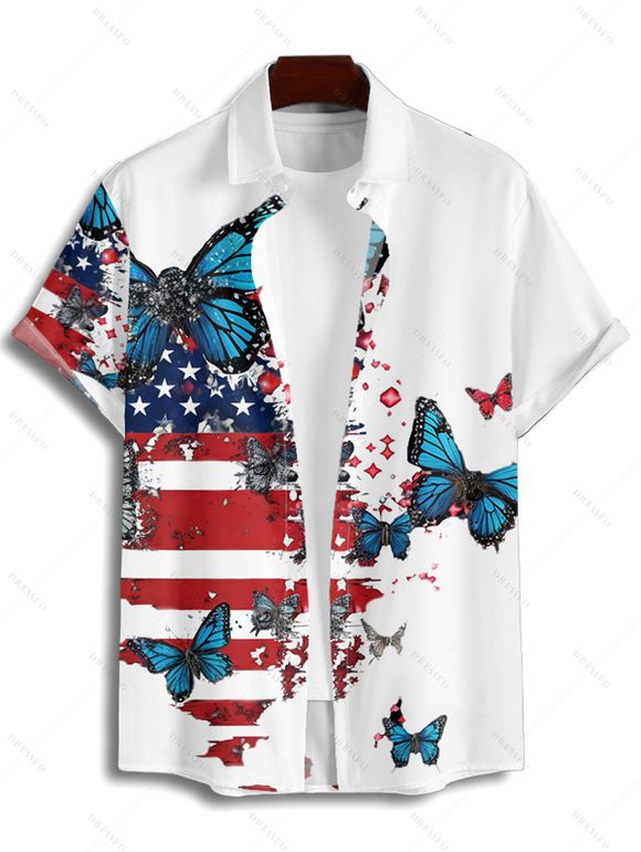 Chemise Boutonnée Drapeau Américain Imprimé avec Papillon à Manches Roulées pour Homme - Blanc XL