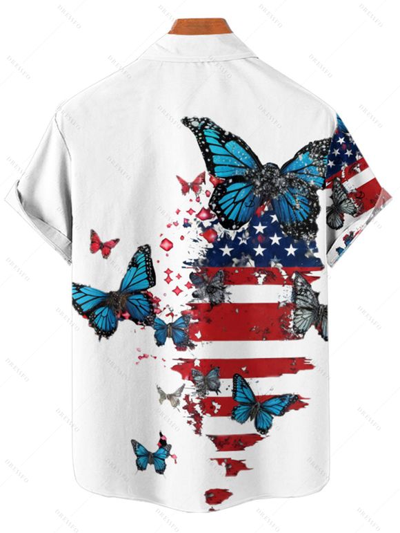 Chemise Boutonnée Drapeau Américain Imprimé avec Papillon à Manches Roulées pour Homme - Blanc XL