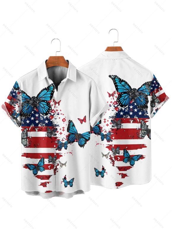 Chemise Boutonnée Drapeau Américain Imprimé avec Papillon à Manches Roulées pour Homme - Blanc XL