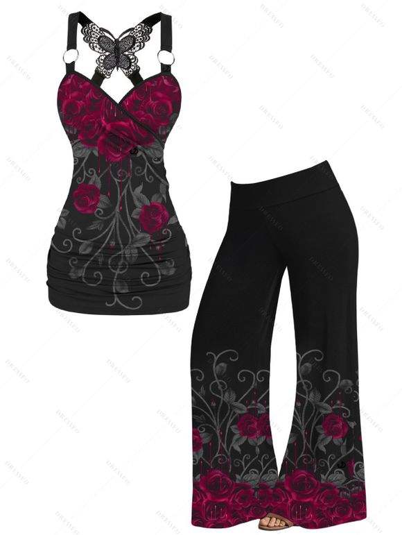 Gothic Outfit Rose Print Ruched Butterfly Lace Cross O Ring Strap Tank Top and Elastic High Waisted Wide Leg Pants Casual Matching Outfit - Noir S | US 4