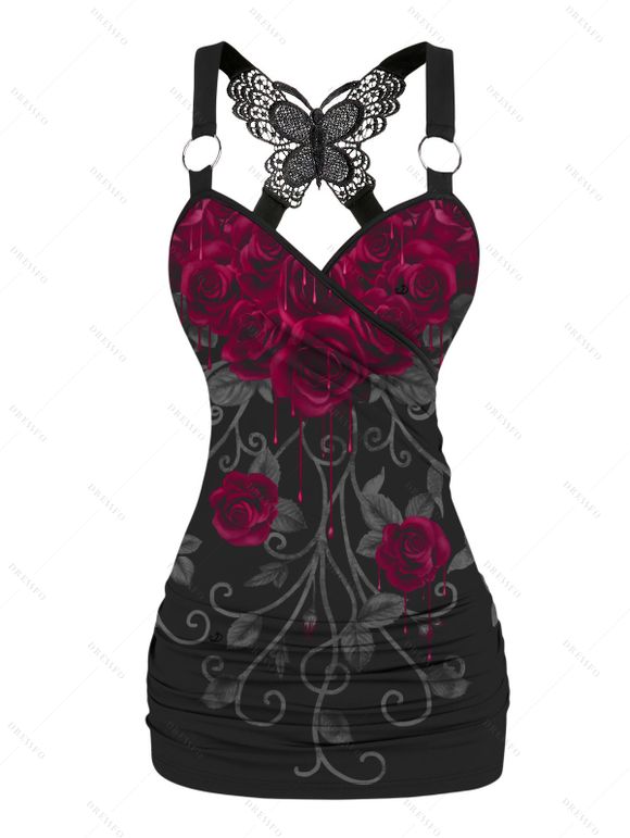 Gothic Outfit Rose Print Ruched Butterfly Lace Cross O Ring Strap Tank Top and Elastic High Waisted Wide Leg Pants Casual Matching Outfit - Noir S | US 4