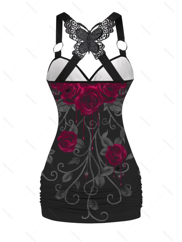 Gothic Outfit Rose Print Ruched Butterfly Lace Cross O Ring Strap Tank Top and Elastic High Waisted Wide Leg Pants Casual Matching Outfit - Noir S | US 4
