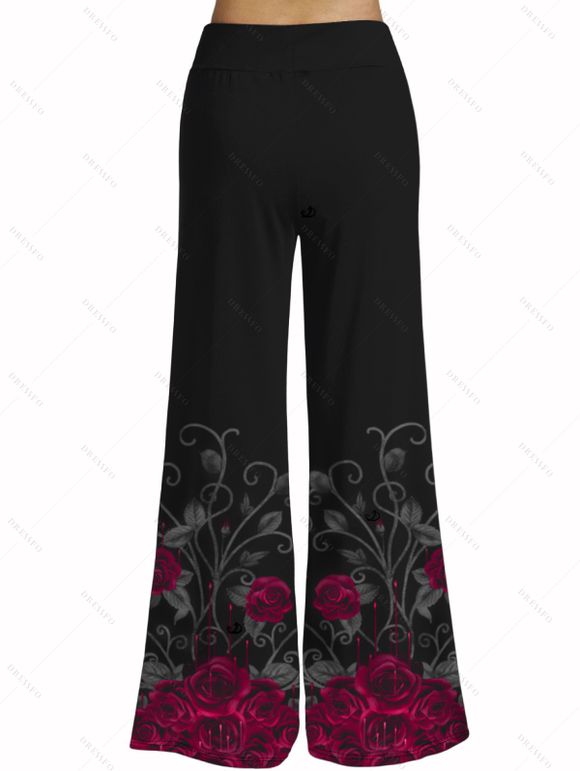 Gothic Outfit Rose Print Ruched Butterfly Lace Cross O Ring Strap Tank Top and Elastic High Waisted Wide Leg Pants Casual Matching Outfit - Noir S | US 4