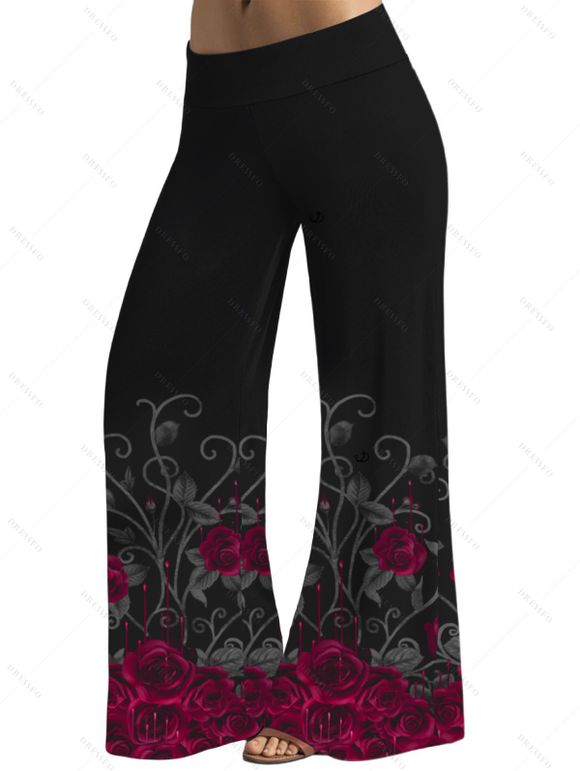 Pantalon Décontracté Long Gothique Imprimé Feuille Floral à Taille Haute - Noir S | US 4