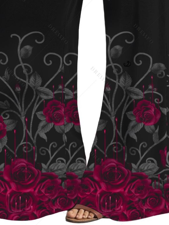 Pantalon Décontracté Long Gothique Imprimé Feuille Floral à Taille Haute - Noir XL | US 12