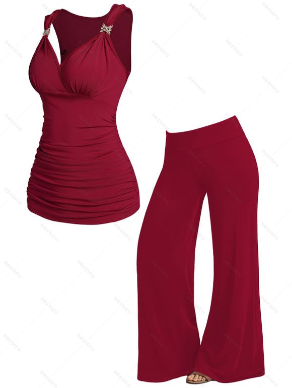 Plain Color Outfit Surplice Rhinestone Embellishment Ruched Tank Top and Floral Print Elastic High Waisted Wide Leg Pants Casual Two Piece Set - Rouge foncé S | US 4