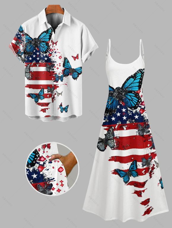 Independence Day Couple Outfit American Flag Butterfly Pattern Spaghetti Strap Dress and Roll Up Sleeve Shirt Patriotic Matching Outfit - Blanc S | US 4