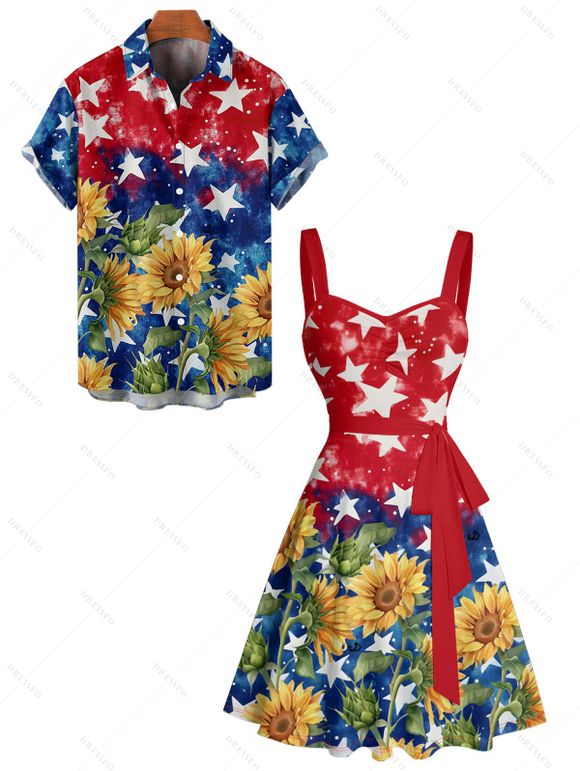 Independence Day Couple Outfit Colorblock Star Sunflower Pattern Ruched Bust Belt A Line Dress and Roll Up Sleeve Shirt Patriotic Matching Outfit - Rouge S | US 4