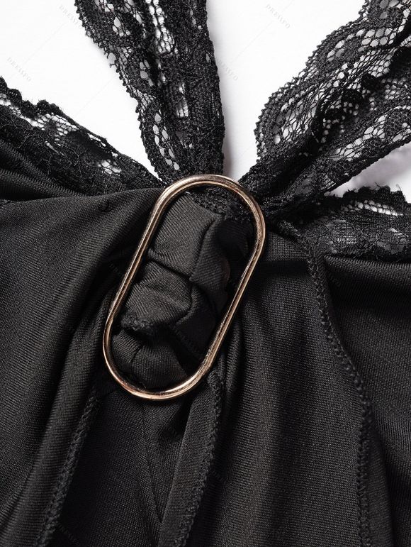 Solid Color Outfit See Thru Lace Panel Ruffle Tank Top and Flower Lace Insert Cinched Skirted Flare Pants Casual Two Piece Set - Noir S | US 4