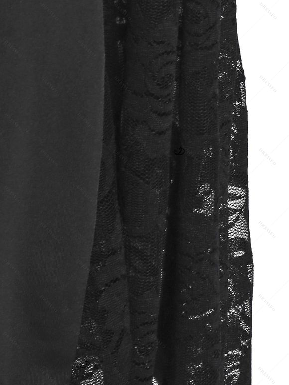 Solid Color Outfit See Thru Lace Panel Ruffle Tank Top and Flower Lace Insert Cinched Skirted Flare Pants Casual Two Piece Set - Noir S | US 4