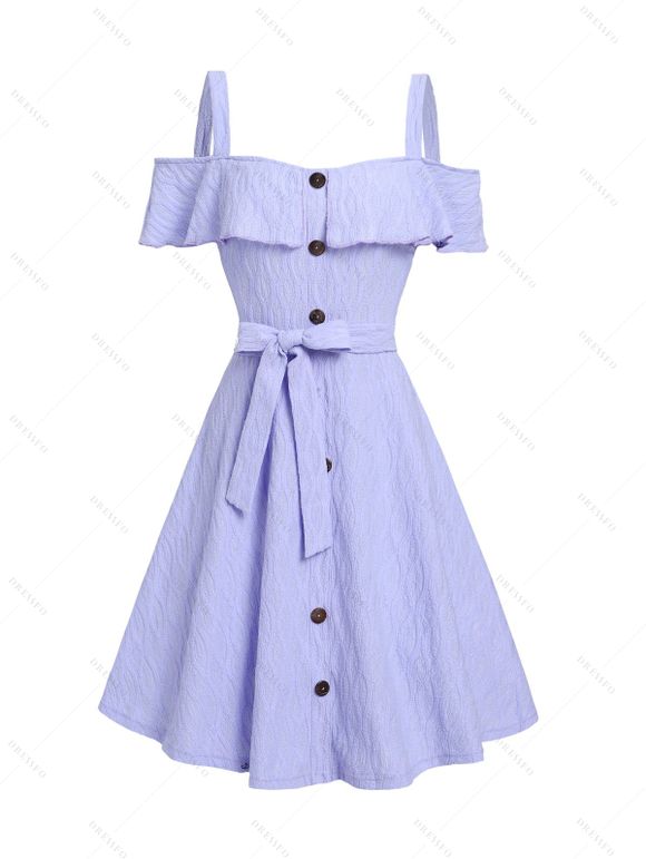 Robe Géométrique Texturée à Epaule Dénudée à Taille Haute à Volants - Bleu clair XXL | US 14