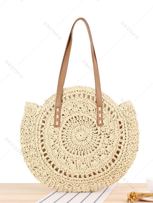 Sac de Plage Branché Simple Evidé Tressé Zippé en Couleur Unie - café lumière 