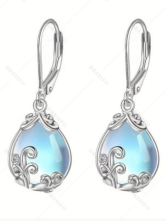 Boucles D'Oreilles Pendantes Tendances en Forme de Goutte D'Eau Motif Bois Brillant Tricotée en Cristal Bleu - Argent 