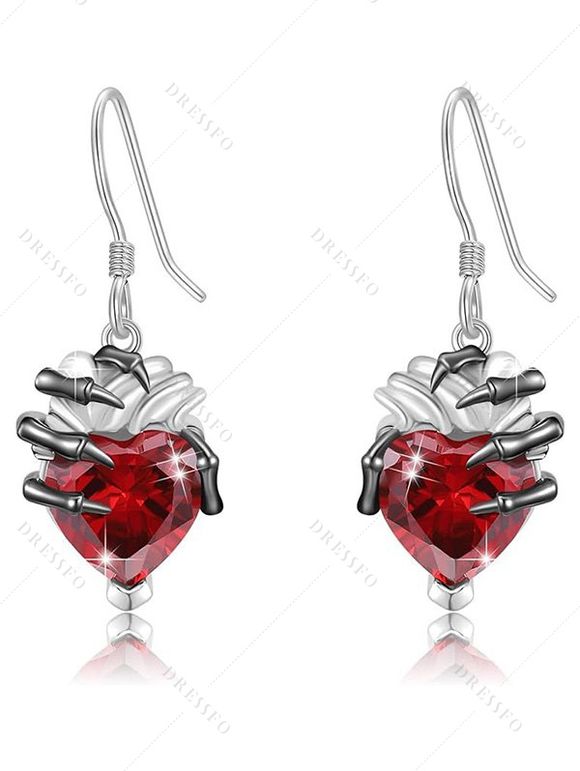 Boucles D'Oreilles Pendantes en Forme de Squelette Cœur en Cristal Fantaisie Style Punk - Rouge 