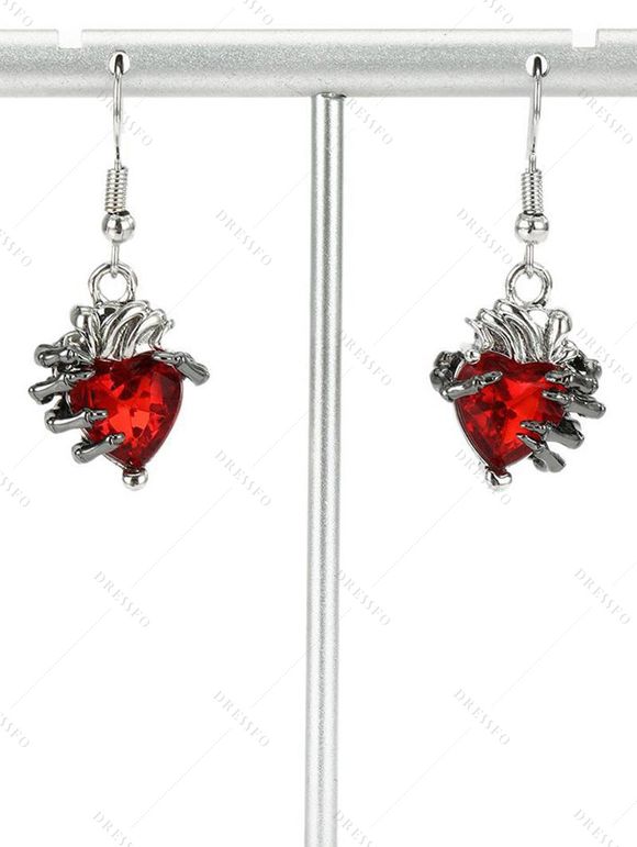 Boucles D'Oreilles Pendantes en Forme de Squelette Cœur en Cristal Fantaisie Style Punk - Rouge 