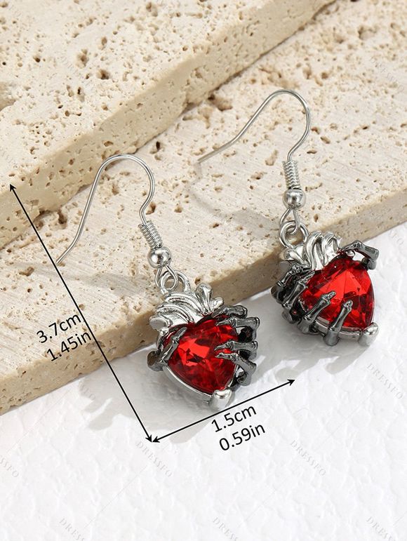 Boucles D'Oreilles Pendantes en Forme de Squelette Cœur en Cristal Fantaisie Style Punk - Rouge 