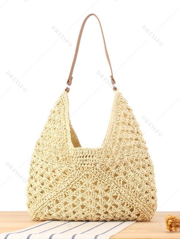 Braid Hollow Out Plain Color Magnetic Clasp Large Capacity Workwear Trendy Shoulder Bag - LIGHT COFFEE 