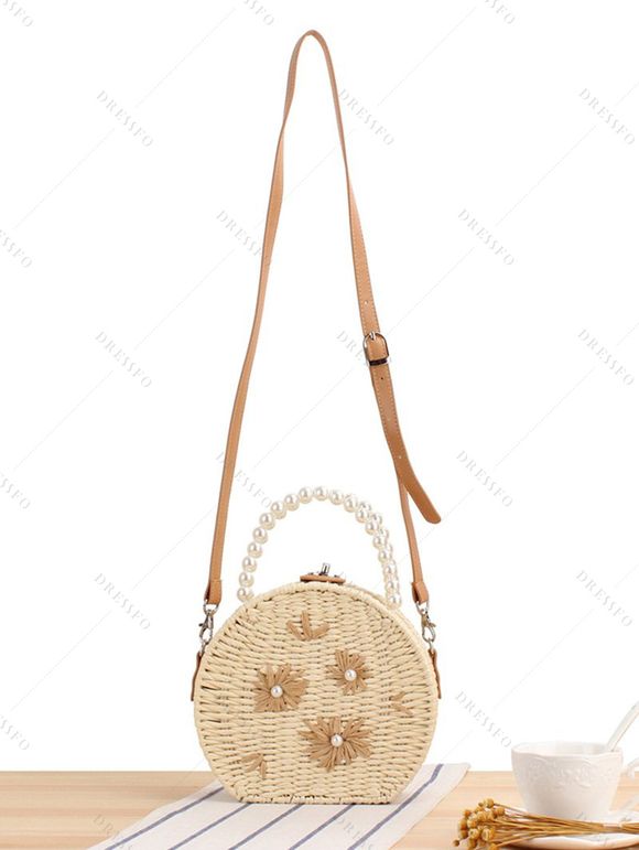 Sac à Main Ajustable Tressé Décoré de Fleur Fausse Perle - café lumière 