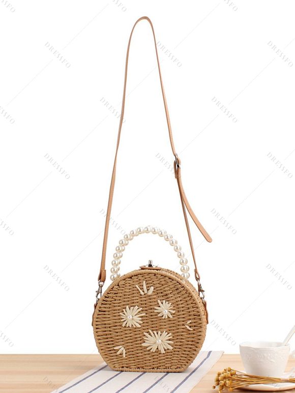 Sac à Main Ajustable Tressé Décoré de Fleur Fausse Perle - café 