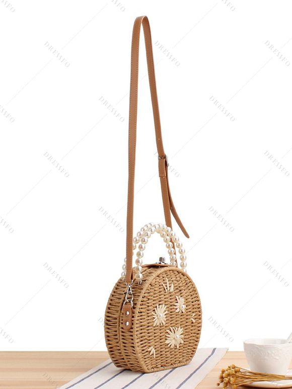 Sac à Main Ajustable Tressé Décoré de Fleur Fausse Perle - café 