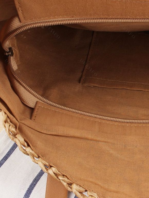 Sac de Plage Tressé Evidé Zippé en Couleur Unie - café 