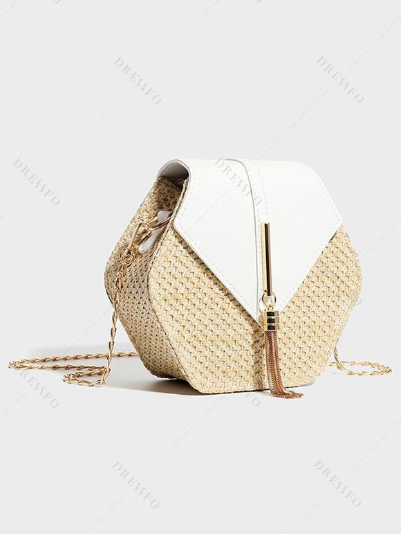 Sac à Bandoulière de Plage en Blocs de Couleurs avec Fermeture Magnétique Chaîne à Frange - Blanc 