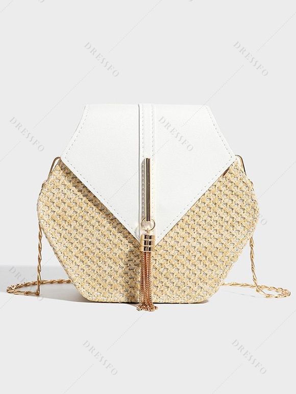 Sac à Bandoulière de Plage en Blocs de Couleurs avec Fermeture Magnétique Chaîne à Frange - Blanc 