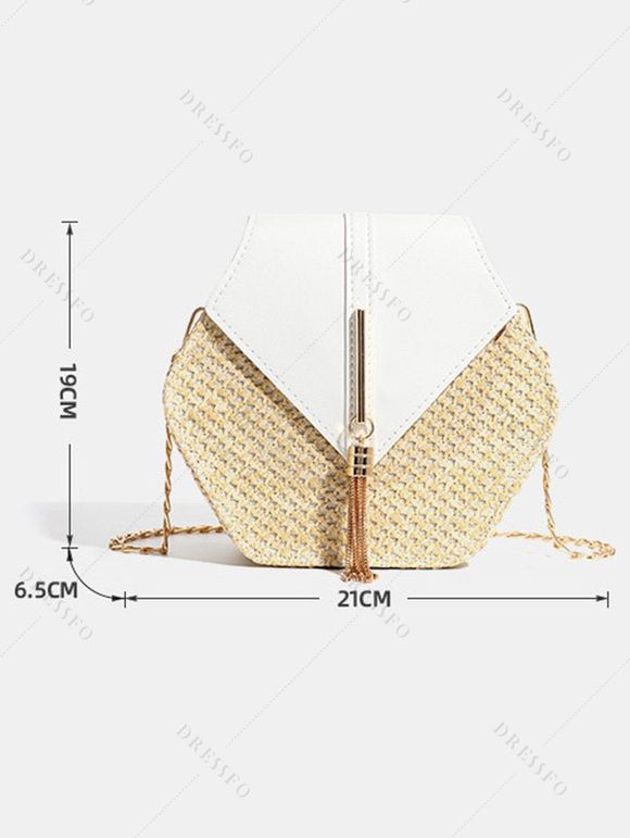 Sac à Bandoulière de Plage en Blocs de Couleurs avec Fermeture Magnétique Chaîne à Frange - Blanc 