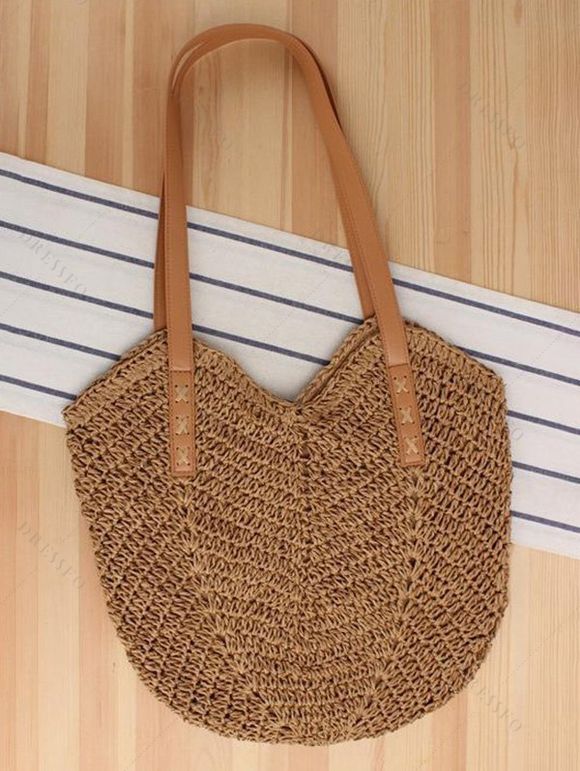 Sac de Plage Tressé en Couleur Unie Zippé Evidé avec Poche en Forme de Cœur - café 