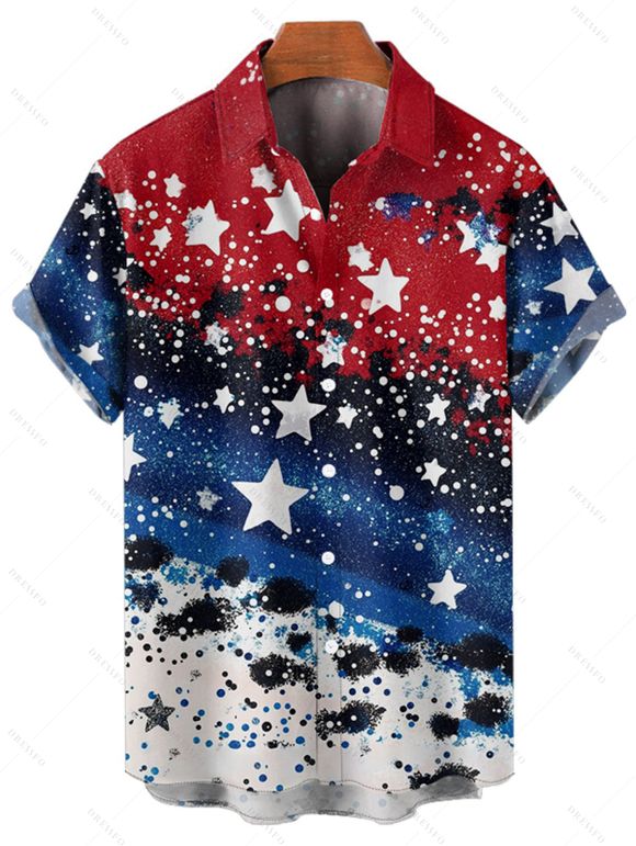 Chemise Drapeau Américain Motif de Etoile Boutonnée à Manches Roulées pour Homme - multicolor 4XL