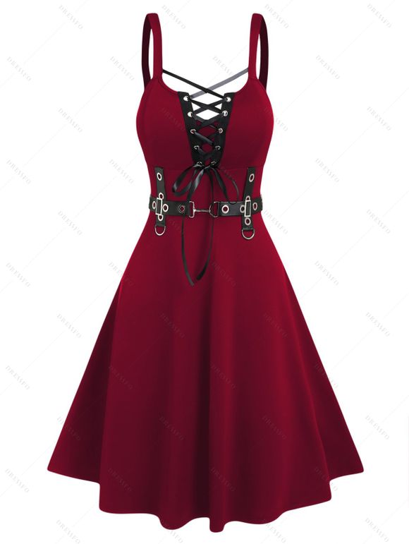 Robe Ligne A à Bretelle Anneau en D sans Manches à Lacets à Taille Haute - Rouge foncé S